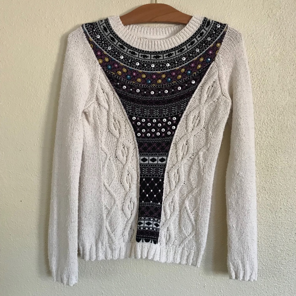 Angel of the North ivory knit sweater with sequins